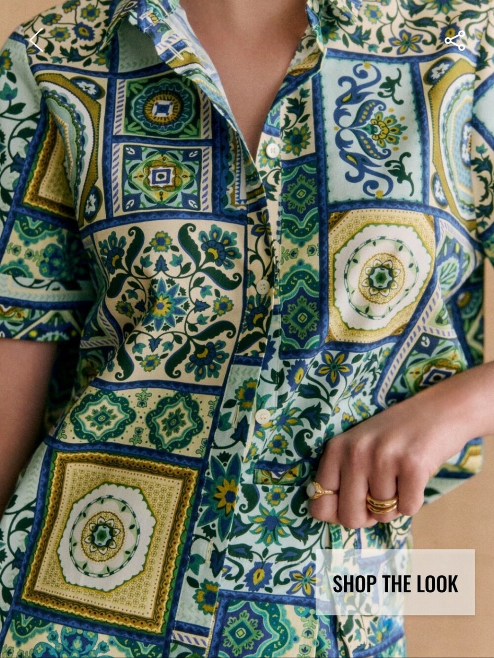 Sezane X Momoni- Livia Short-Sleeve Button-Down Shirt- Green and Blue Tile Print - Picture 3 of 6